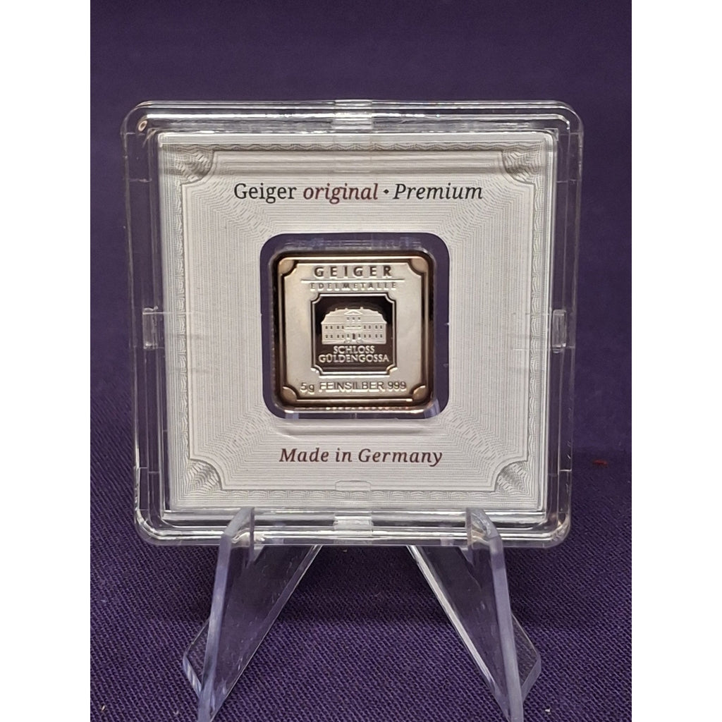 5g Geiger Edelmetalle Original PREMIUM Silver Bar .999 in Assay