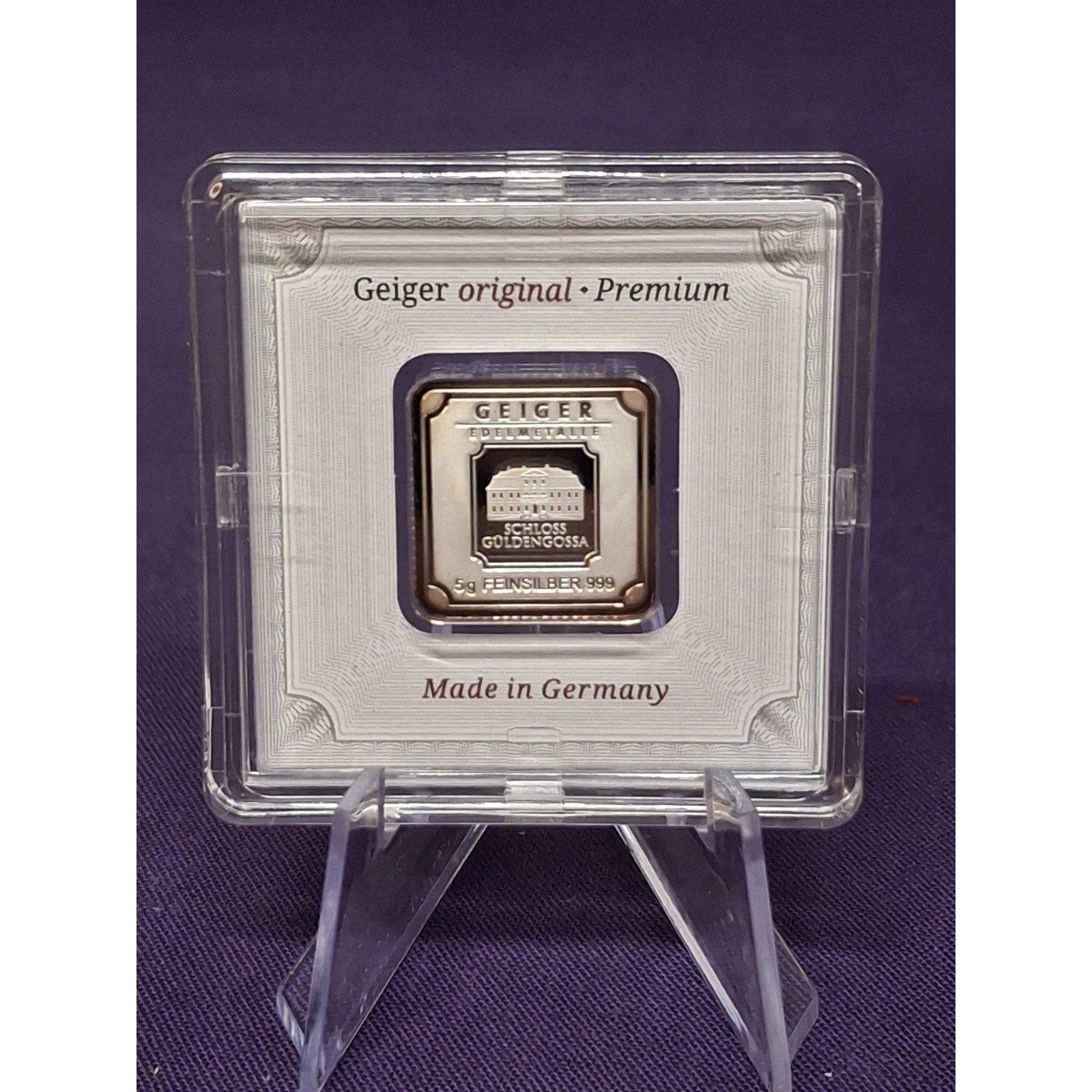 5g Geiger Edelmetalle Original PREMIUM Silver Bar .999 in Assay