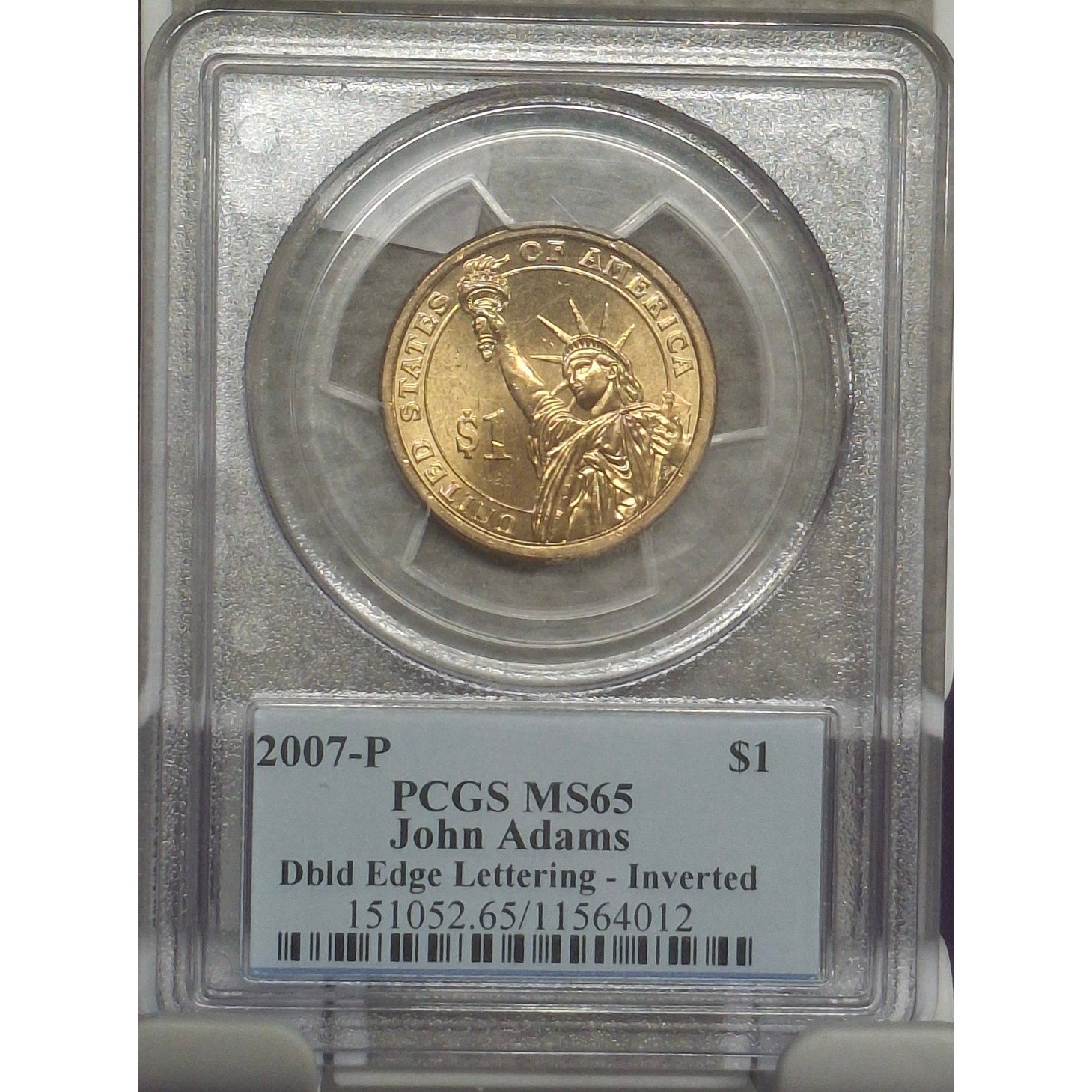 2007-P Double Edge Lettering Mint Error MS65 John Adams Dollar